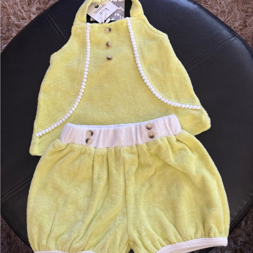 KATE QUiNN-Lime towel material terrycloth pompom trim halter top & shorts set